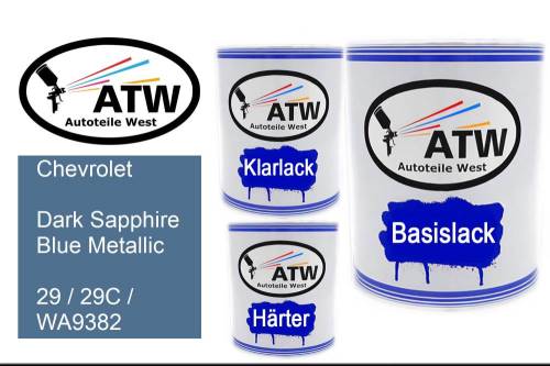 Chevrolet, Dark Sapphire Blue Metallic, 29 / 29C / WA9382: 1L Lackdose + 1L Klarlack + 500ml Härter - Set, von ATW Autoteile West.